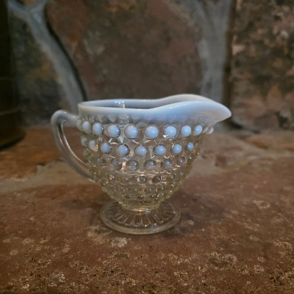 Fenton Hobnail Opalescent Milk Glass Footed Creamer Vintage Clear White Pitcher